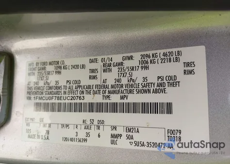 2014 Ford Escape S из США, поврежденный, VIN 1FMCU0F78EUC20763